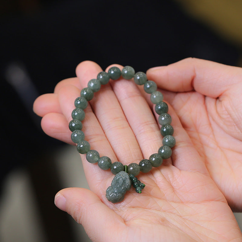 Round bead bracelet with jadeite and lucky money beast pendant