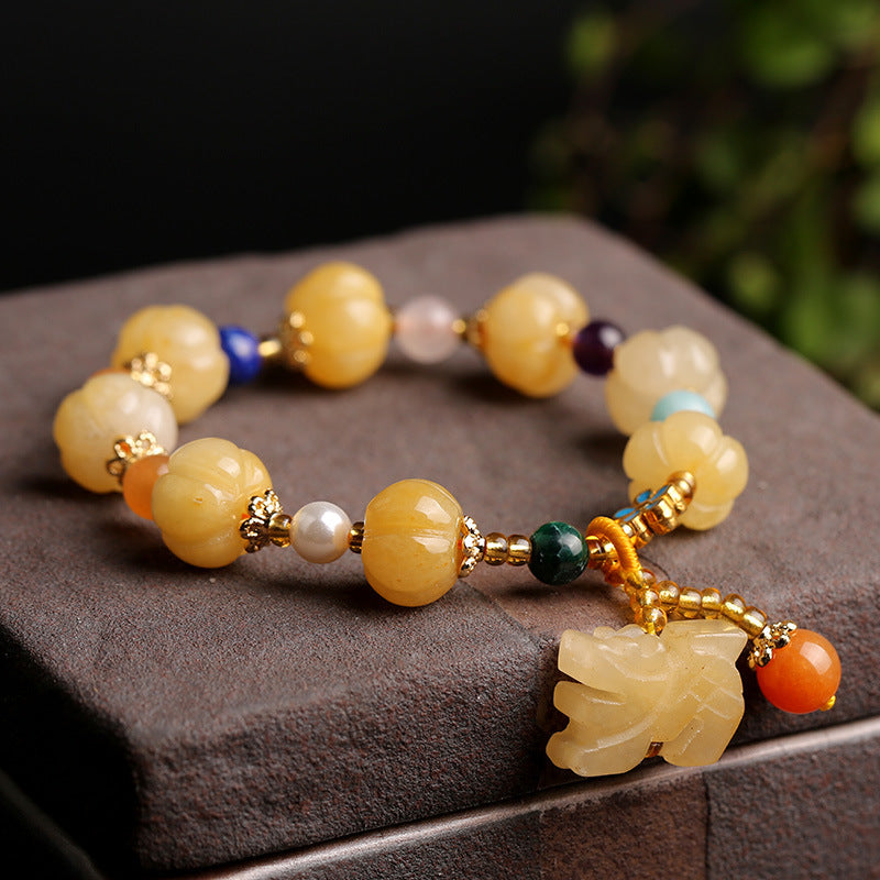 170Natural Xinjiang Pumpkin Bead Bracelet, Couple Style, Retro Ethnic Style, Pixiu Gourd, Pumpkin, Golden Thread Jade Hand String
