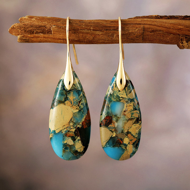 42New Bohemian Emperor Stone Water Drop Pendant Earrings, European and American Popular Ins Jewelry Accessories