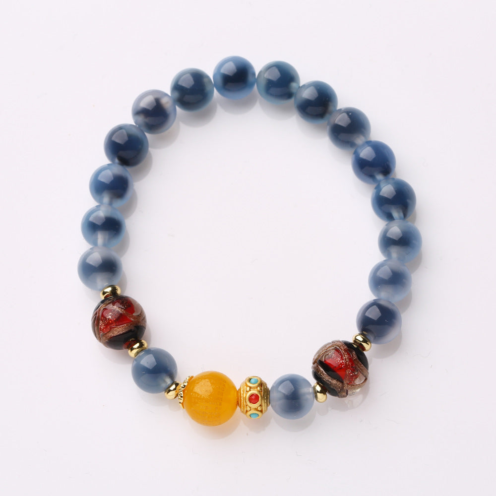 Natural Blue Sugary Heart Agate Bracelet for Women Four-Leaf Clover Sugary Heart Agate Retro Handcrafted Jewelry